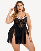 Plus size lace babydoll nightdress, black lace bodice and sheer tulle skirt, strappy