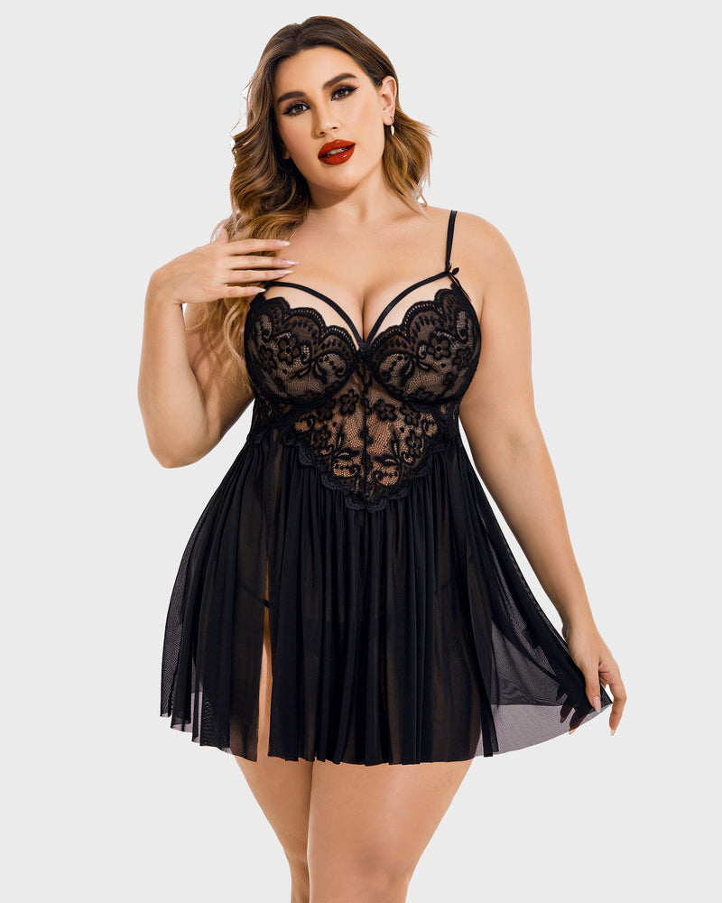 Black lace babydoll with V-neck underwire cups, scalloped trim, and flared tulle hem