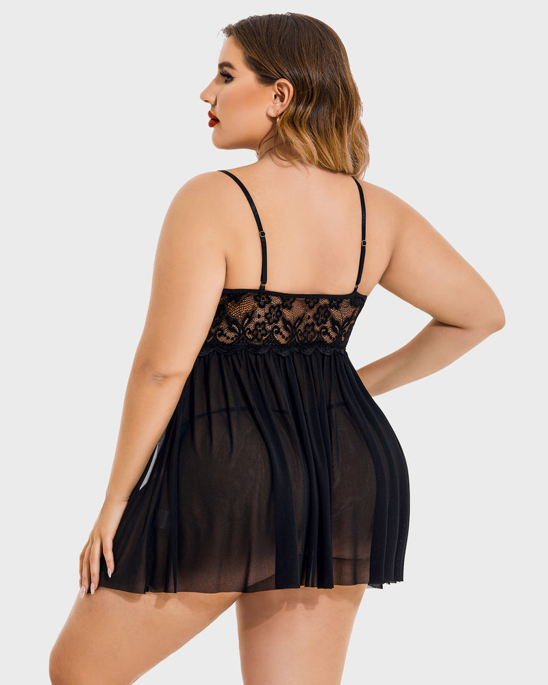 Black lace babydoll with open-back straps and sheer flared skirt