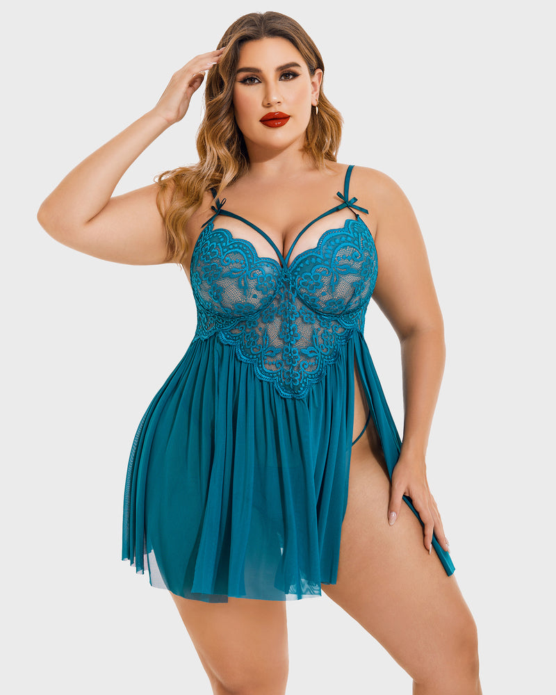 Teal lace mesh babydoll with V-neck cups, tie straps, and side-slit pleated skirt