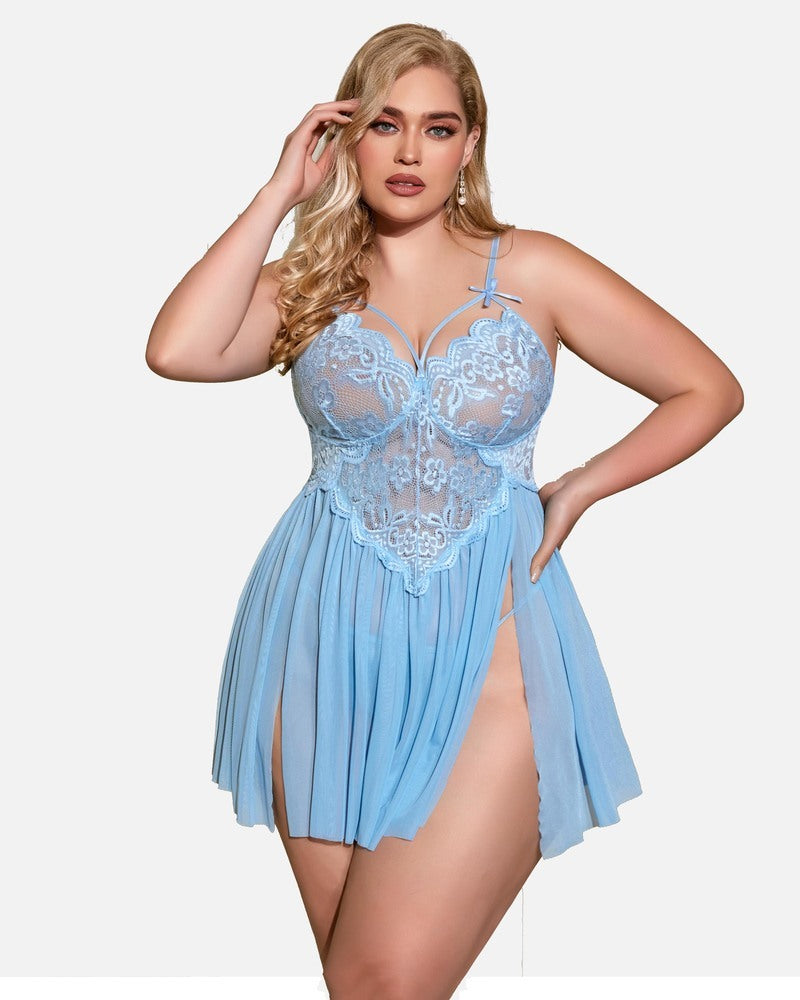 Plus size V-neck mesh babydoll with lace bodice and side slit, light blue