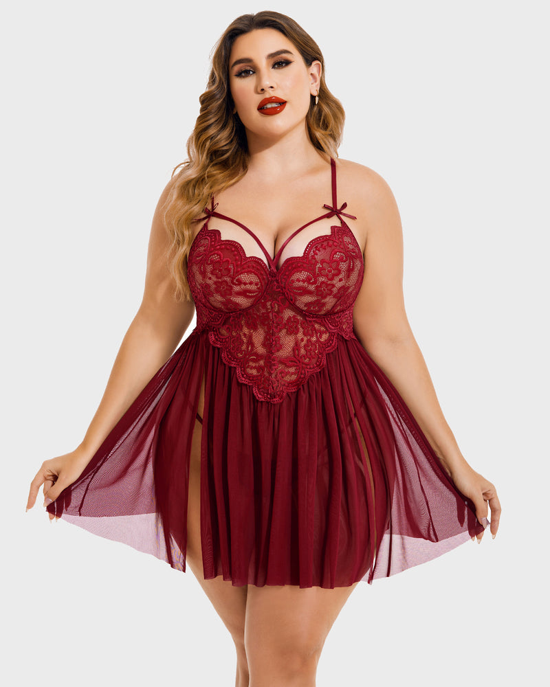 Plus size v-neck mesh babydoll in dark red with lace bodice and flared tulle overlay