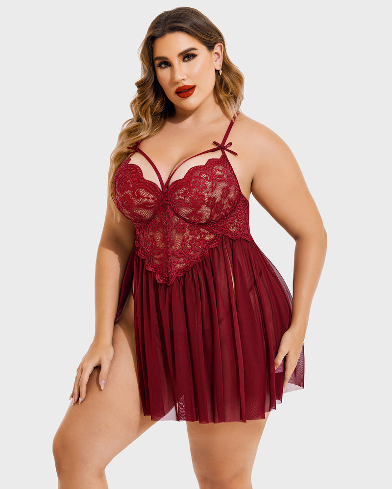 Plus size v-neck mesh babydoll in dark red with lace bust and side cutout