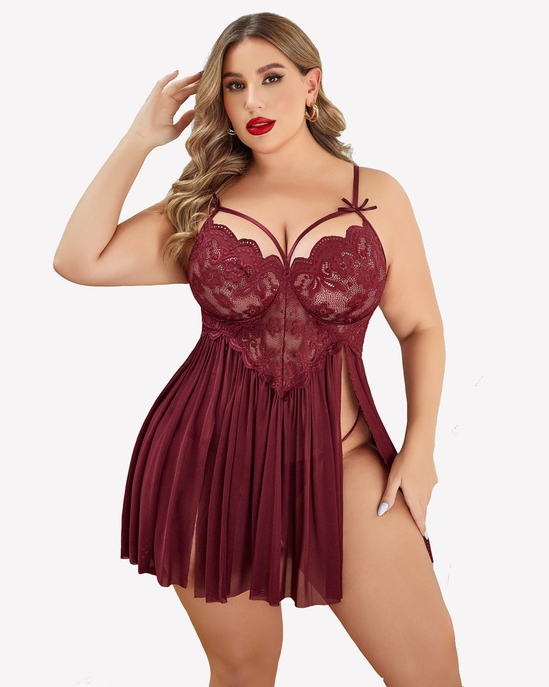 Burgundy lace nightdress with underwire cups, bow straps, and side slit