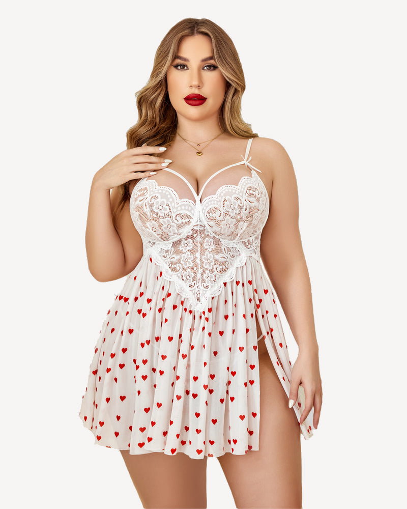 Plus size heart lace nightdress, white with red hearts, lace cups and babydoll hem