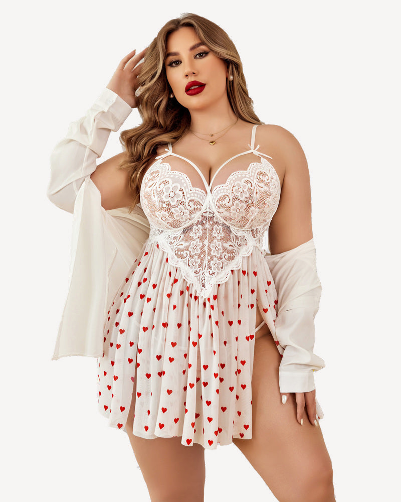 Plus size lace babydoll with heart print, lace cups and pleated babydoll skirt