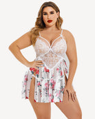 Plus size lace babydoll with rose floral print, lace bodice and spaghetti straps