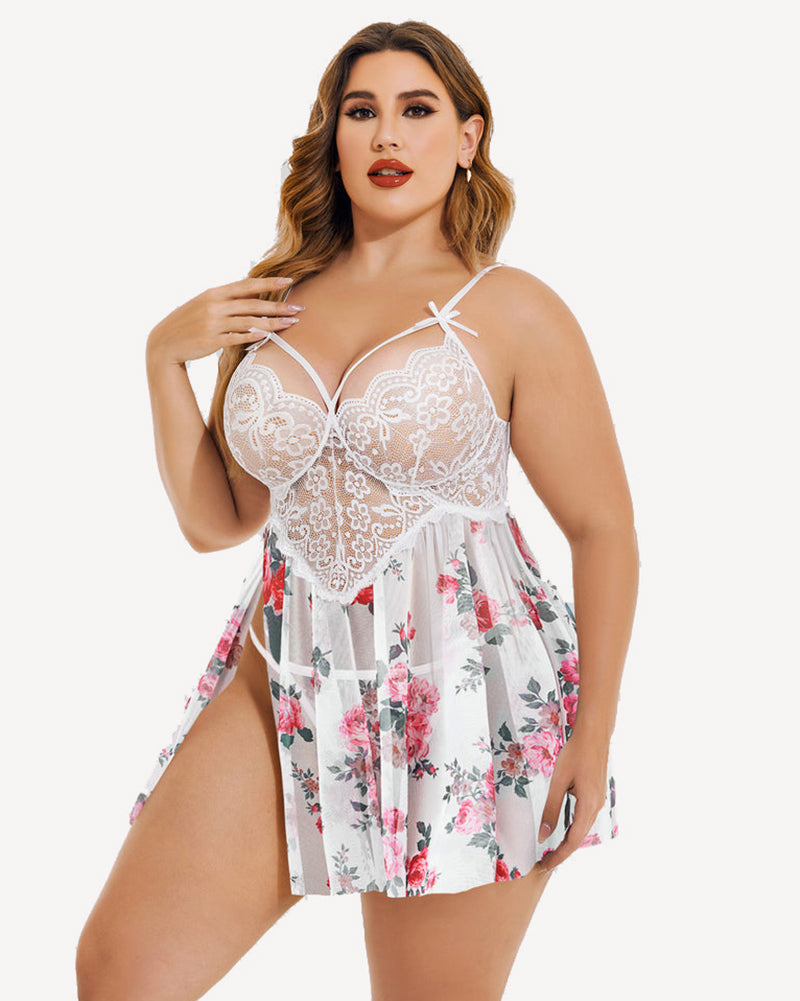 Plus size lace babydoll with rose floral print, lace cups and pleated skirt