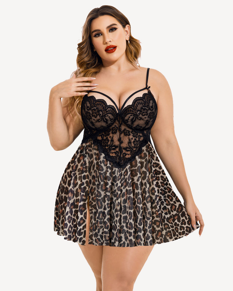 Plus size lace nightdress with leopard print mesh skirt, black lace bodice
