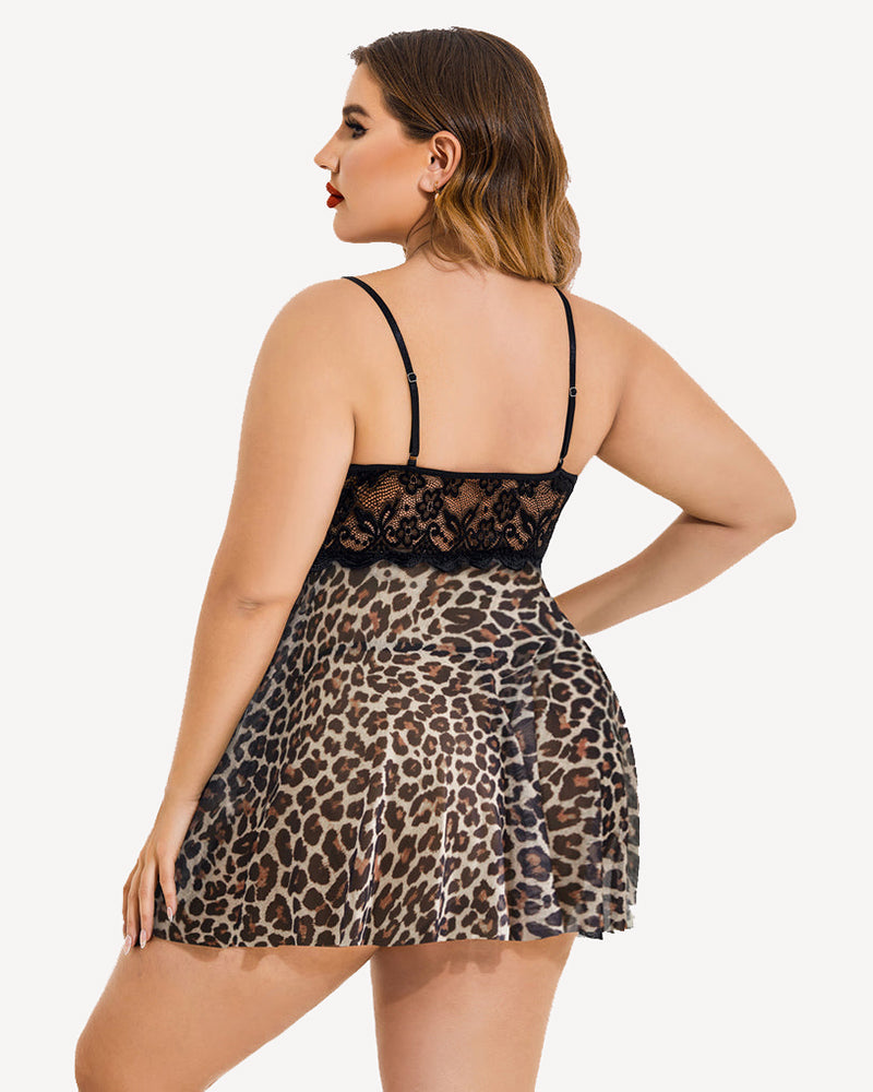 Plus size lace nightdress back view, leopard print mesh skirt with black lace bodice