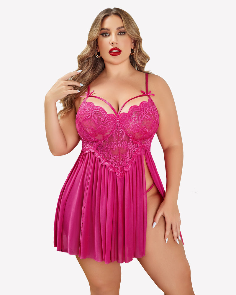Plus size V-neck lace babydoll, fuchsia lace bodice with pleated mesh skirt and slit
