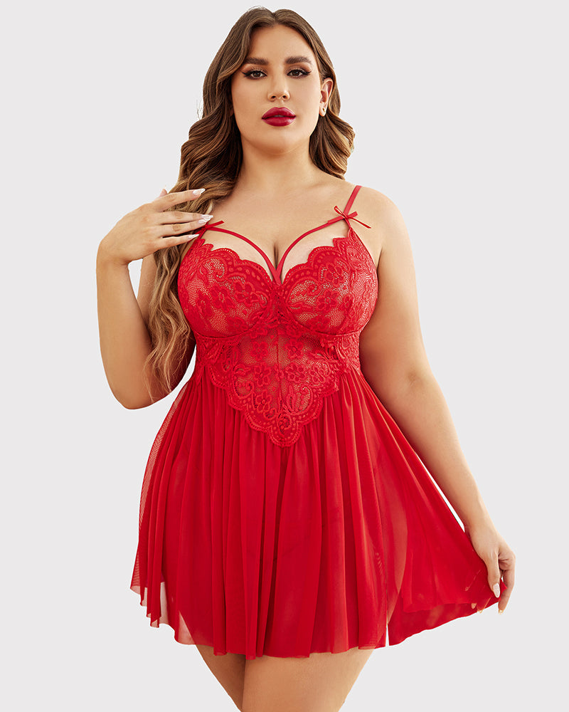 Red lace mesh babydoll with V-neck cups, tie straps, and pleated mini skirt