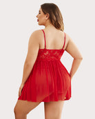 Red lace babydoll with open-back design, thin straps, and flared sheer skirt
