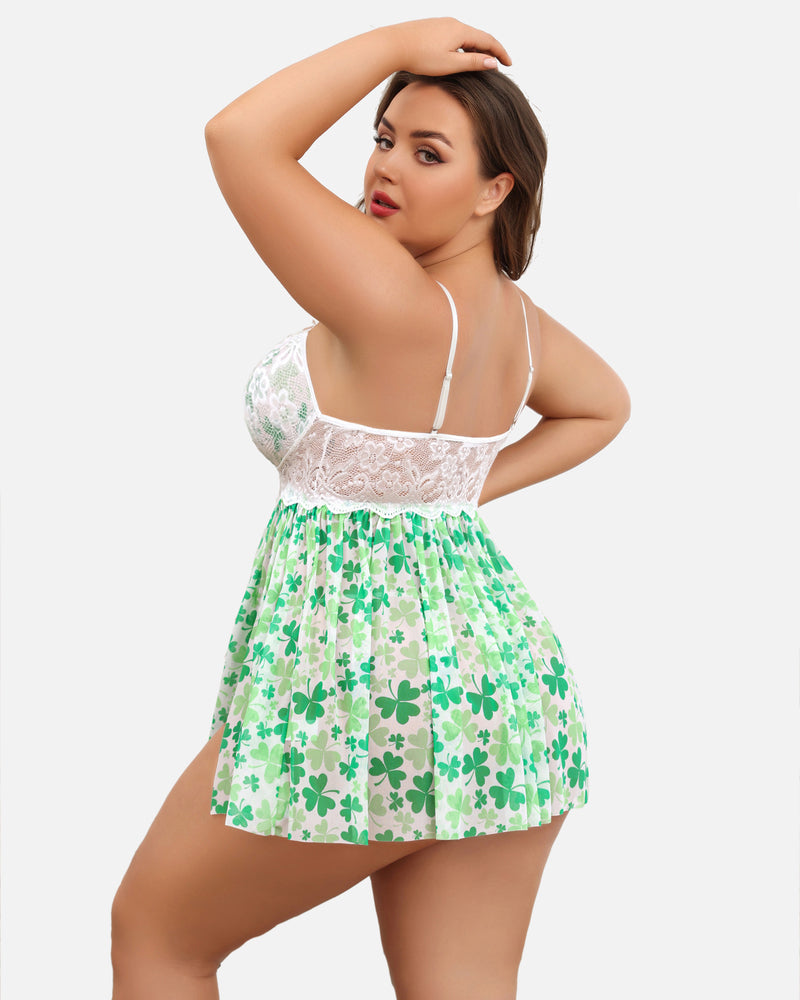 Plus size V-neck lace babydoll with green clover mesh skirt, white lace bodice