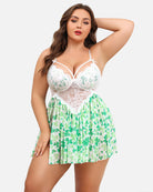 Plus size lace nightdress with clover print mesh skirt and white lace bodice