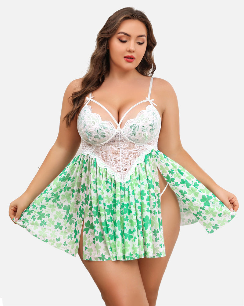 Plus size lace babydoll with clover print, underwire cups and babydoll skirt