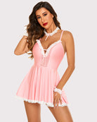 Pink maid dress with white lace trim and ribbon ties, fitted bodice, flared short skirt