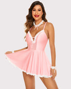 Pink maid dress with lace trim, scalloped neckline, sheer panel, bow choker, short skirt