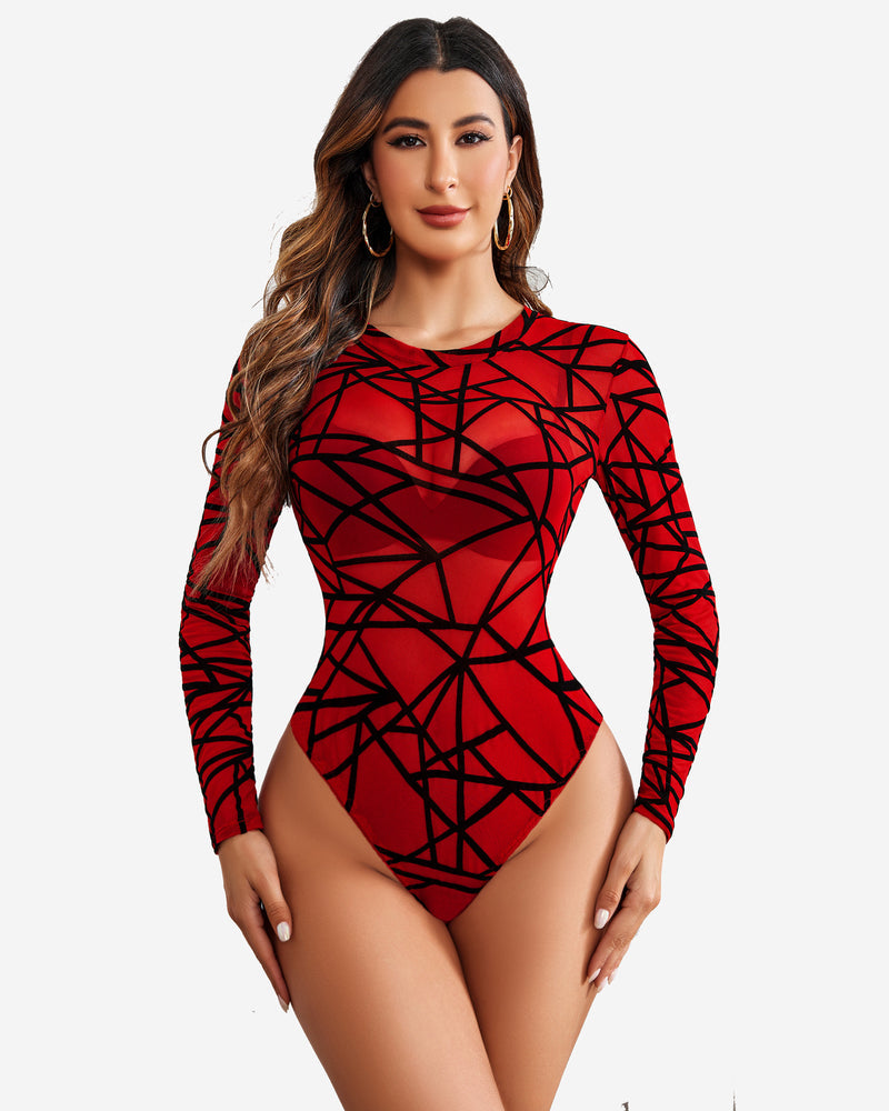 Sheer mesh bodysuit with long sleeves, red geometric pattern, high-cut legs