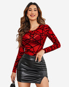Red sheer mesh long-sleeve bodysuit with abstract geometric pattern
