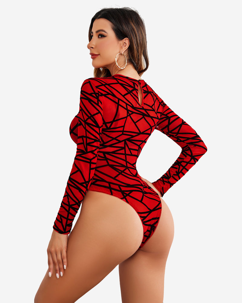 Sheer mesh bodysuit with long sleeves, red geometric pattern, open back