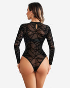 Black sheer mesh long-sleeve bodysuit, back view with geometric lattice pattern