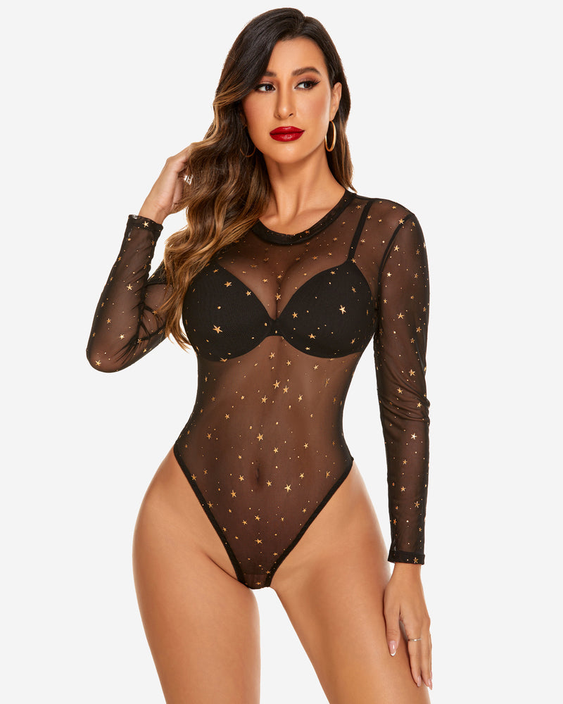 Sheer black long-sleeve bodysuit with gold star print and deep V neckline