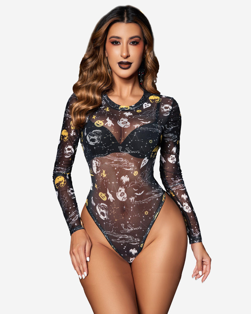Black sheer long-sleeve bodysuit with Halloween character and star print