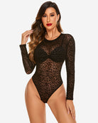 Sheer mesh bodysuit with long sleeves, leopard print, high-cut legs