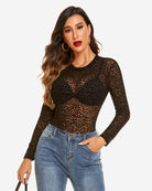 Sheer leopard long-sleeve bodysuit with scoop neck and opaque-lined front panel