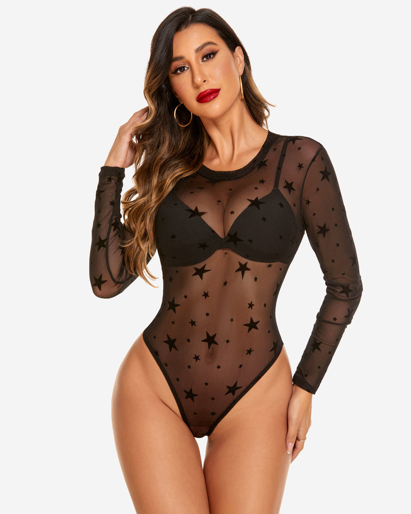 Star-pattern sheer mesh bodysuit with long sleeves and thong-style bottom