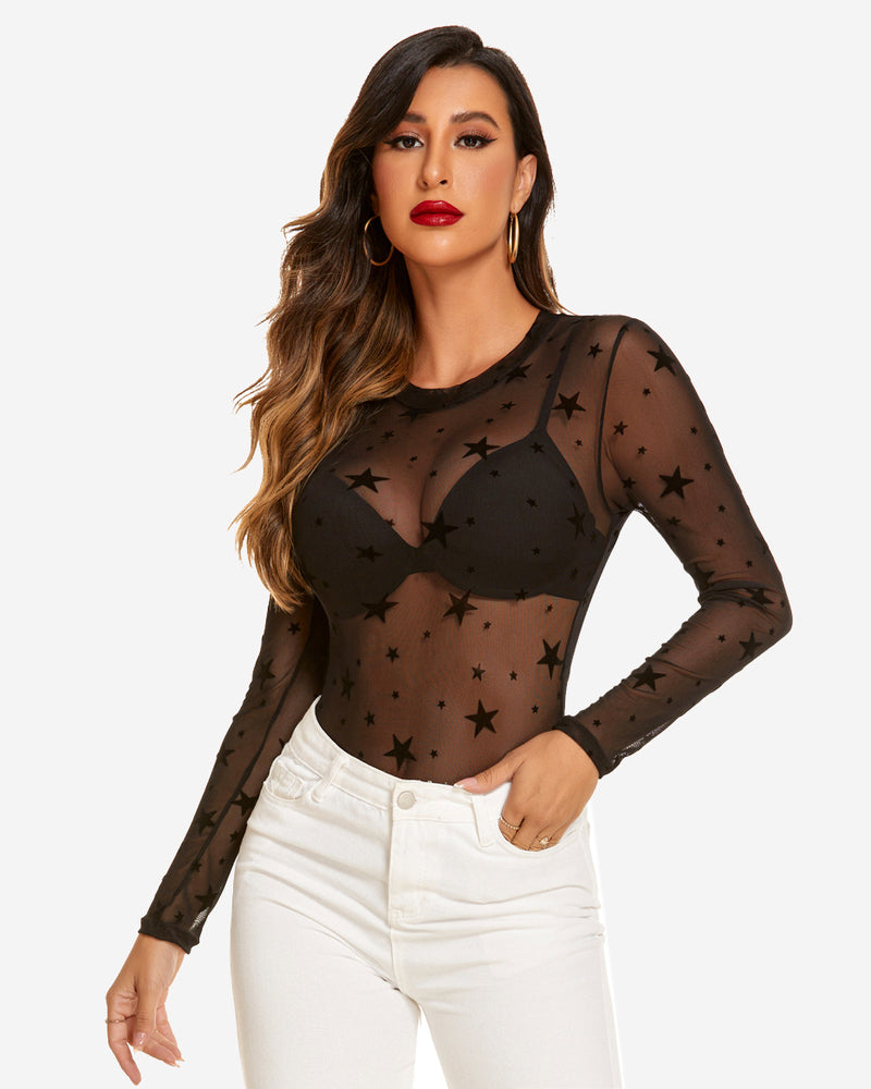 Star-pattern sheer mesh bodysuit with long sleeves and deep V front