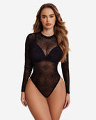 Sheer black long-sleeve bodysuit with dark web pattern and V front
