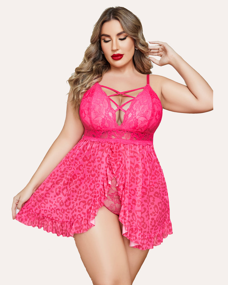 Hot pink babydoll lingerie with leopard print, lace cups, and crisscross neckline straps