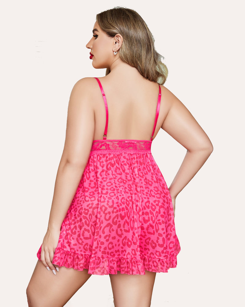 Hot pink leopard babydoll lingerie back view with crisscross straps and ruffled hem