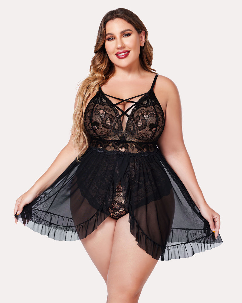 Plus size black lace babydoll with crisscross neckline straps and tiered sheer skirt