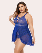 Blue lace babydoll with crisscross neckline and ruffled sheer hem