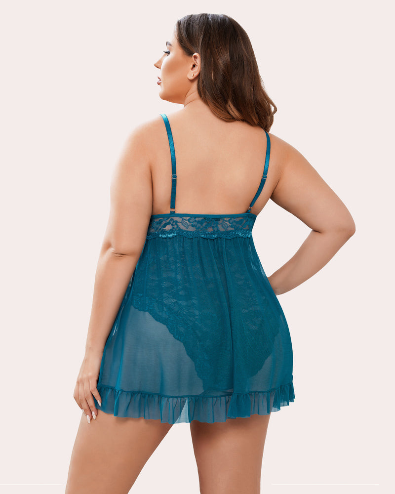 Plus-size snap-crotch babydoll, teal lace with lace trim and crisscross straps