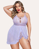 Lilac lace babydoll with crisscross strap neckline and flared ruffle hem, plus size