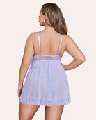 Lavender sheer babydoll with lace-trim straps and back view, plus size