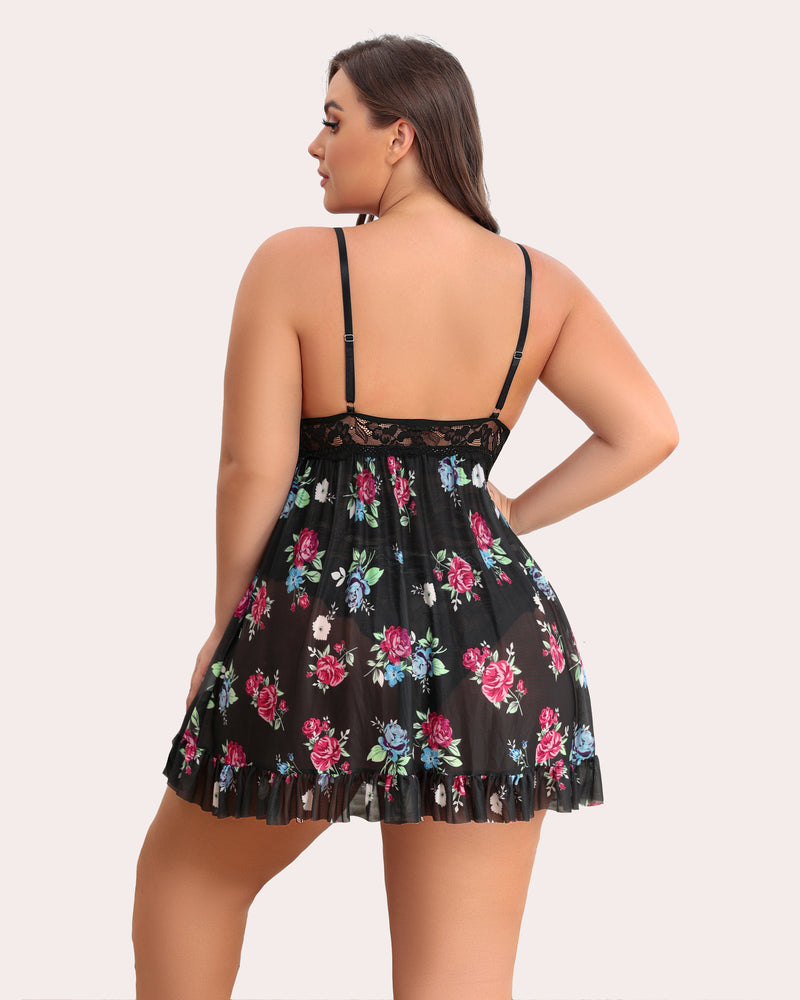 Plus-size snap-crotch babydoll, black floral lace with lace back and thin straps