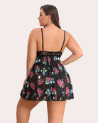 Black floral print babydoll, lace back straps and flared ruffle hem