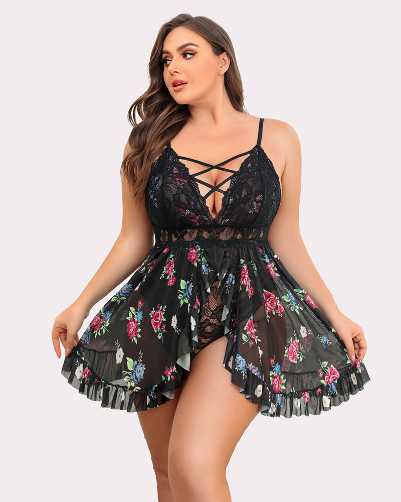 Black lace babydoll with colorful floral print, crisscross front straps