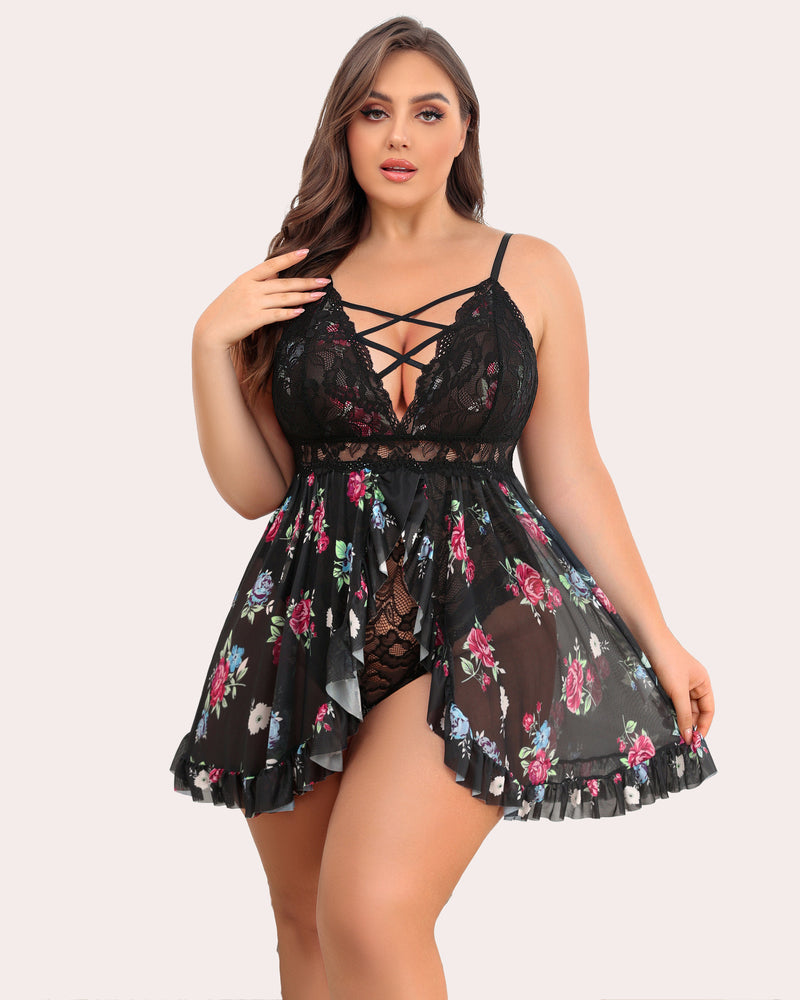 Plus-size snap-crotch babydoll, black lace with floral print mesh skirt