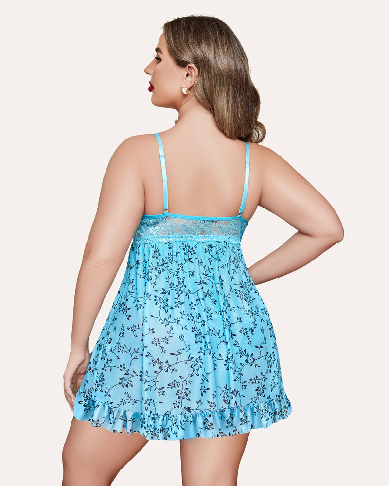 Light blue floral babydoll lingerie back view with adjustable shoulder straps and ruffle hem