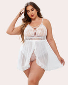 White lace babydoll with crisscross front straps and layered sheer skirt