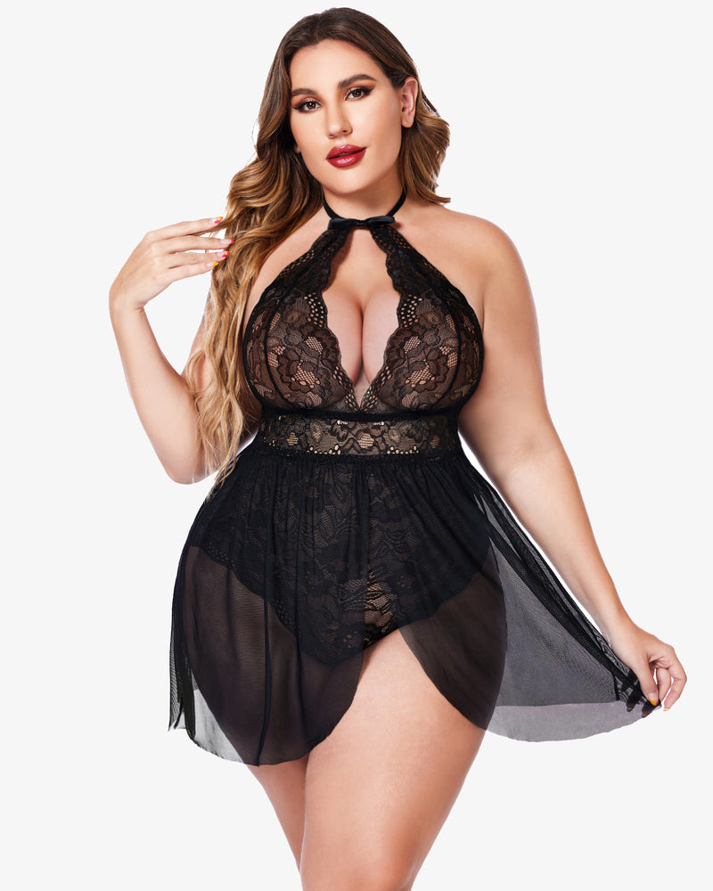 Black lace babydoll with halter neckline and scalloped sheer hem