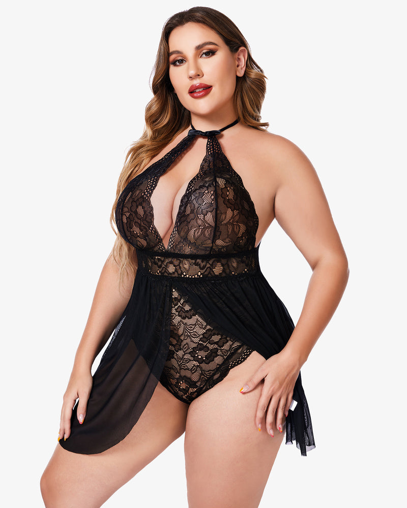 Black lace babydoll with deep plunge halter bodice and sheer skirt