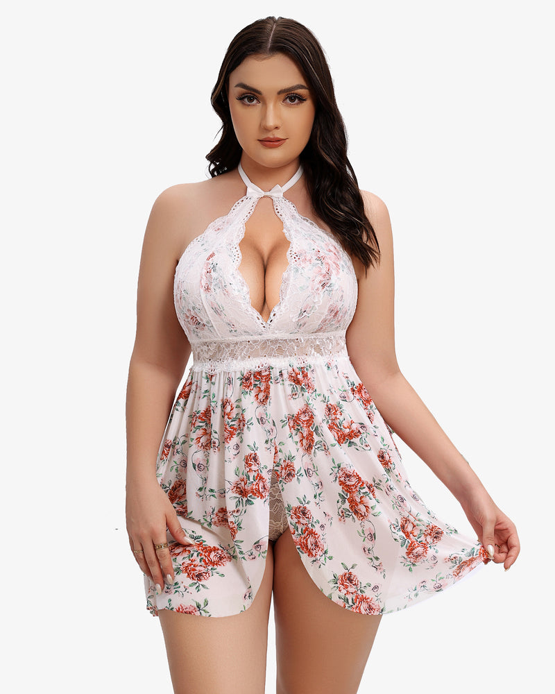 White floral print lace halter babydoll with tie neck and sheer skirt, snap crotch