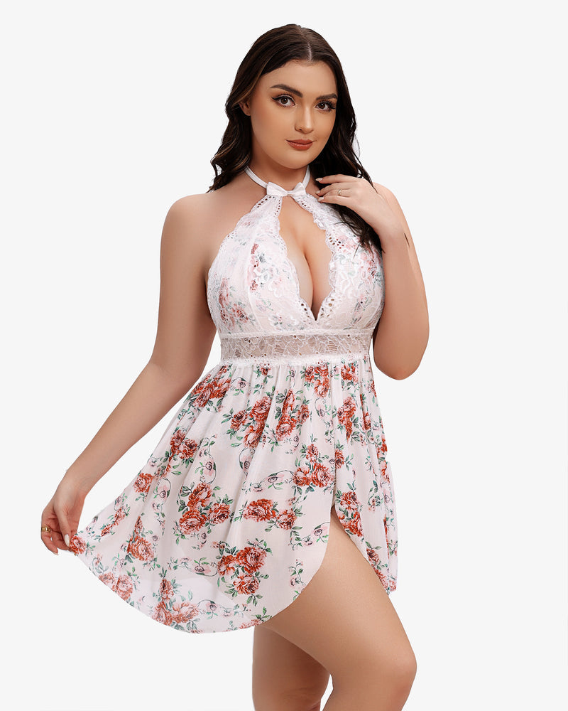 White floral lace halter babydoll with tie neck, sheer skirt with lace trim